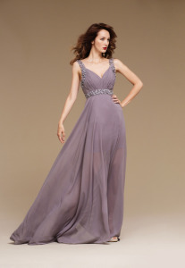 Style #0806B, v-neck floor-length or short A-line chiffon dress with handmade flower appliques on the straps and along the waist, available in gray and black