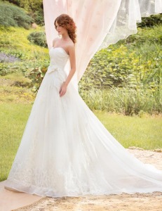 Style #1416, strapless lace ball gown with bow detail, available in white and ivory