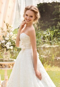 Style #1417, sweetheart neckline lace a-line wedding gown with handmade rose, available in cream