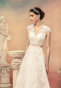 Style #1552L, v-neck lace a-line wedding dress with sash, available in white and light ivory