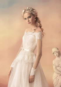 Style #1558, lace ball gown wedding dress with off the shoulder sleeves, available in white, ivory, white-pink and ivory-pink