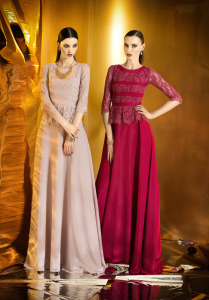 Style #908, floor-length gown with a 3/4 length sleeve lace blouse and chiffon skirt, available in black
