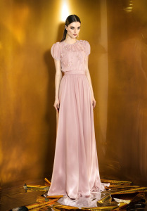 Style #911, short sleeve floor length gown with flower embellishment scattered on the top, available in powder, berry, bright blue, mint, red, black, turquoise, gray, purple, blue, pink, peach and orange