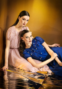 Style #911, short sleeve floor length gown with flower embellishment scattered on the top, available in powder, berry, bright blue, mint, red, black, turquoise, gray, purple, blue, pink, peach and orange