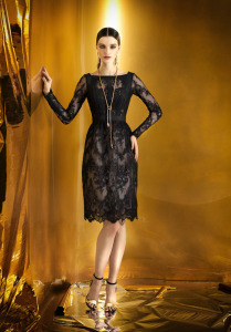 Style #907b, straight fit lace cocktail dress with long sleeves, available cream, beige, black and white