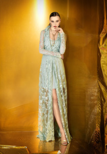 Style #922, short spaghetti strap dress with long sleeve lace floor-length cover-up, available in green and ivory