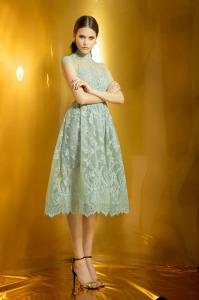 Style #927, A-line midi cocktail dress with an illusion high neckline, available in green, beige and cream