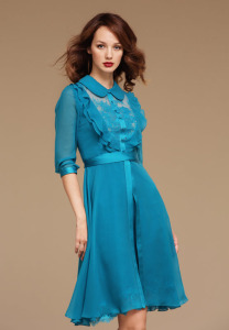 Style #0803, chiffon cocktail dress with 3/4 sleeves and lace underline on the chest and bottom of the dress, button up collar top with ruffles, available in turquoise, orange and black