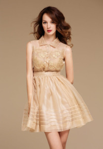 Style #0805, button up collar fit and flare cocktail dress with gold lace embroidery, available in beige and pink
