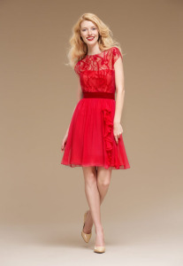 Style #0823, delicate lace sheer fabric over a chiffon dress and decorated with a velvet belt, available in red