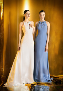 Style #901, fit and flare high neck evening dress with a jeweled bow on the keyhole top, available in ivory, black, white, powder and blue