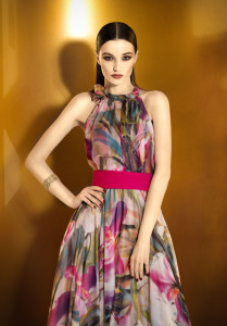 Style #0906, halter neckline a-line floor length chiffon floral-printed dress with a pink sash belt