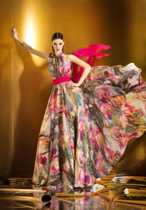 Style #0906, halter neckline a-line floor length chiffon floral-printed dress with a pink sash belt