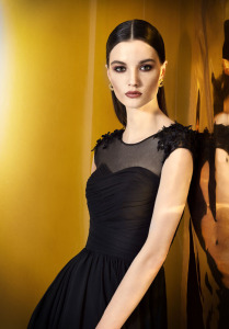 Style #910, illusion neckline pleated chiffon dress with handmade flower embellishment on the shoulders, available in powder, berry, bright blue, mint, red, black, turquoise, gray, purple, blue, pink, peach and orange