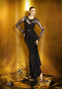 Style #915b, spaghetti strap evening gown with long sleeve lace blouse and embroidered belt, available in black