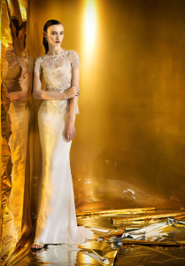 Style #916b, short sleeve lace blouse with spaghetti strap evening gown and embellished belt, available in ivory