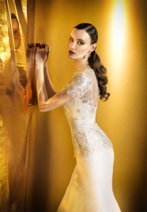 Style #916b, short sleeve lace blouse with spaghetti strap evening gown and embellished belt, available in ivory