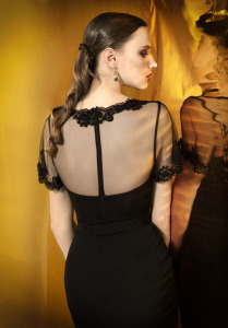 Style #923a, short formal dress with mesh cap sleeves and embroidery details, available in black, ivory