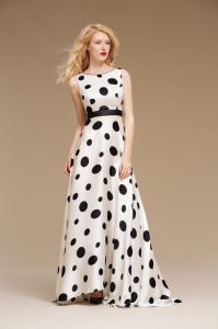 Style #0800B, boat neckline A-line silk dress decorated with black and white polka dots, comes in short or long