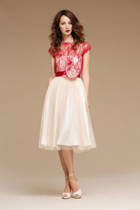 Style #0802, delicate fabric, handmade flower on velvet belt, tulle skirt, available in cream-black, cream-red and cream