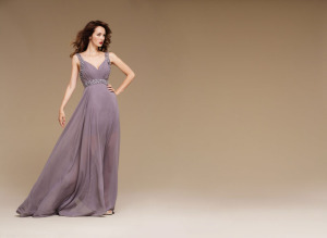 Style #0806B, v-neck floor-length or short A-line chiffon dress with handmade flower appliques on the straps and along the waist, available in gray and black