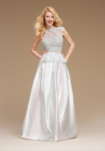 Style #0811, floor-length A-line dress with a lace embroidery peplum bodice and a jewel embellishment in the middle, available in white