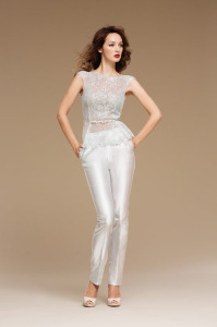 Style #0811, skinny fit trouser to match with the peplum lace embroidery blouse, available in white