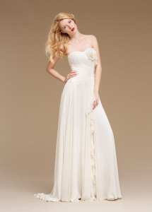 Style #0816, strapless sweetheart neckline floor-length chiffon dress with a pleated asymmetric bodice and handmade flower attached to a ruffled chiffon fabric, available in white, cream, red, bright blue, turquoise, orange, pink, black, purple and gray