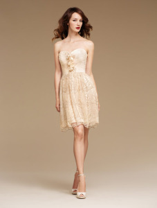 Style #0818, strapless sweet heart neckline cocktail dress with handmade flowers and lace embroidery, available in cream-burgundy, black, gray-white, white and cream