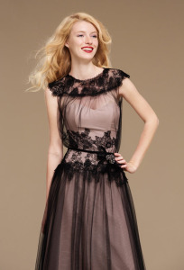 Style #0822, pink A-line dress with a black tulle overlay, lace decorated on the waist and neck, pleated skirt, available in pink-black