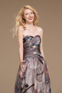 Style #0826, funky print design strapless sweetheart neckline pleated bodice A-line floor length dress, available in gray