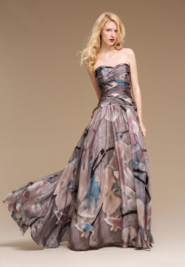 Style #0826, funky print design strapless sweetheart neckline pleated bodice A-line floor length dress, available in gray