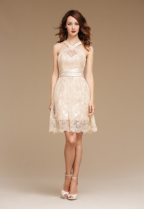 Style #0827, criss-cross halter neckline with a sheer lace cocktail dress, available in white, cream, black, ivory and cream-black