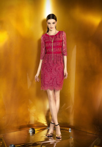 Style #917, 3/4 sleeve lace cocktail dress with a striped peplum top, available in ivory, powder, black, and burgundy
