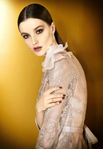 Style #914, 3/4 sleeve short lace cocktail dress with handmade flower decor on one shoulder, available in green