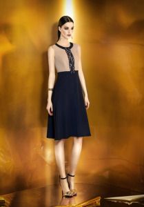 Style #921a, knee-length A-line cocktail dress with an embroidered keyhole neckline, available in beige-blue