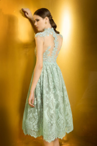 Style #927, A-line midi cocktail dress with an illusion high neckline, available in green, beige and cream