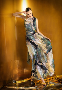 Style #925, boat neckline long sheath style evening gown, available in green print