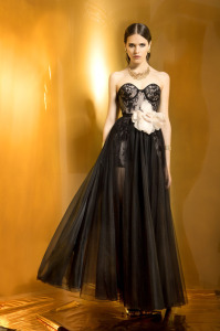 Style #1541, lace bustier romper with tulle skirt and handmade flower belt, available in white, black