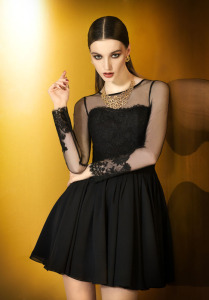 Style #0913a, short fit and flare cocktail dress with mesh long sleeves decorated with lace on the cuffs and top, available in cream and black