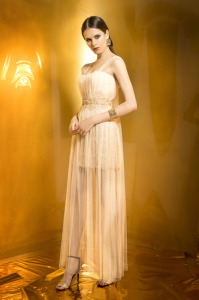 Style #0924, short cocktail dress with gold embellishment throughout, floor length pleated tulle overlay the dress, available in cream with gold