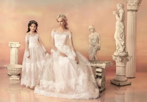Style #1558, lace ball gown wedding dress with off the shoulder sleeves, available in white, ivory, white-pink and ivory-pink