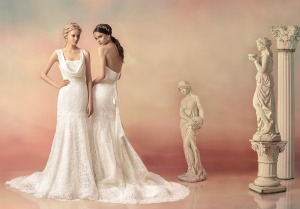Style #1508a, lace fit and flare wedding gown with sequins, available in ivory; Style #1529L, fit and flare lace wedding gown, available in light ivory