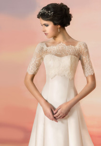 Style #1337a, lace illusion off the shoulder bolero, available in ivory