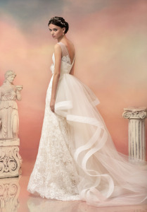 Style #1501L, fit and flare lace sequin wedding dress with removable train, available in ivory