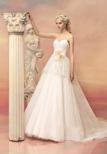 Style #1502L, strapless lace a-line wedding gown with peplum, available in white and ivory