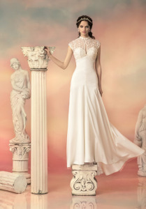 Style #1503L, sheath wedding dress with keyhole neckline and lace back, available in ivory