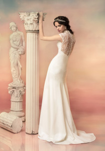 Style #1503L, sheath wedding dress with keyhole neckline and lace back, available in ivory