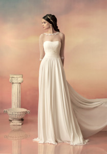 Style #1504, sheath chiffon wedding dress with pleated bodice, available in white and ivory