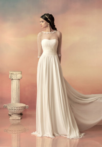 Style #1504, sheath chiffon wedding dress with pleated bodice, available in white and ivory